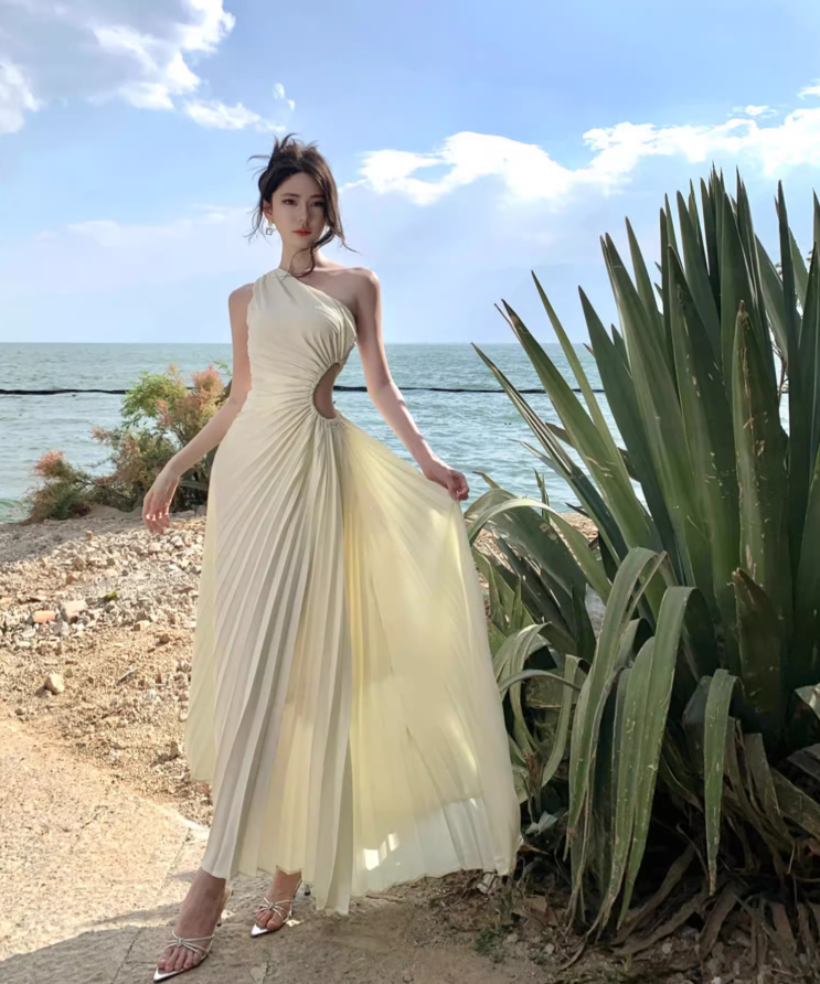 Chic Open-Waist One Shoulder Graceful Sleeveless Maxi Dress Pressed Pleats Long Dress AP0620