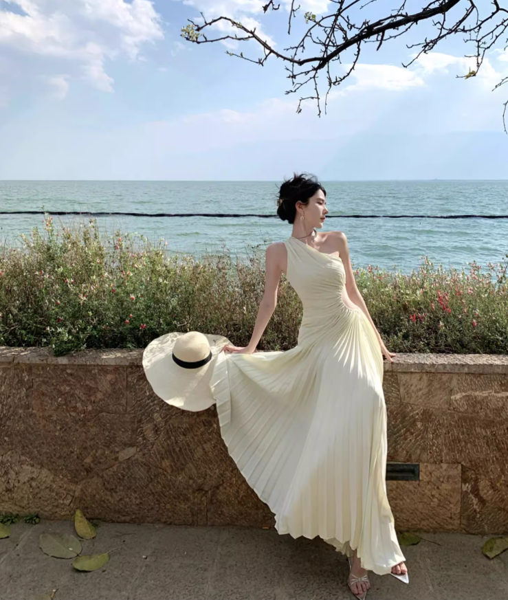 Chic Open-Waist One Shoulder Graceful Sleeveless Maxi Dress Pressed Pleats Long Dress AP0620