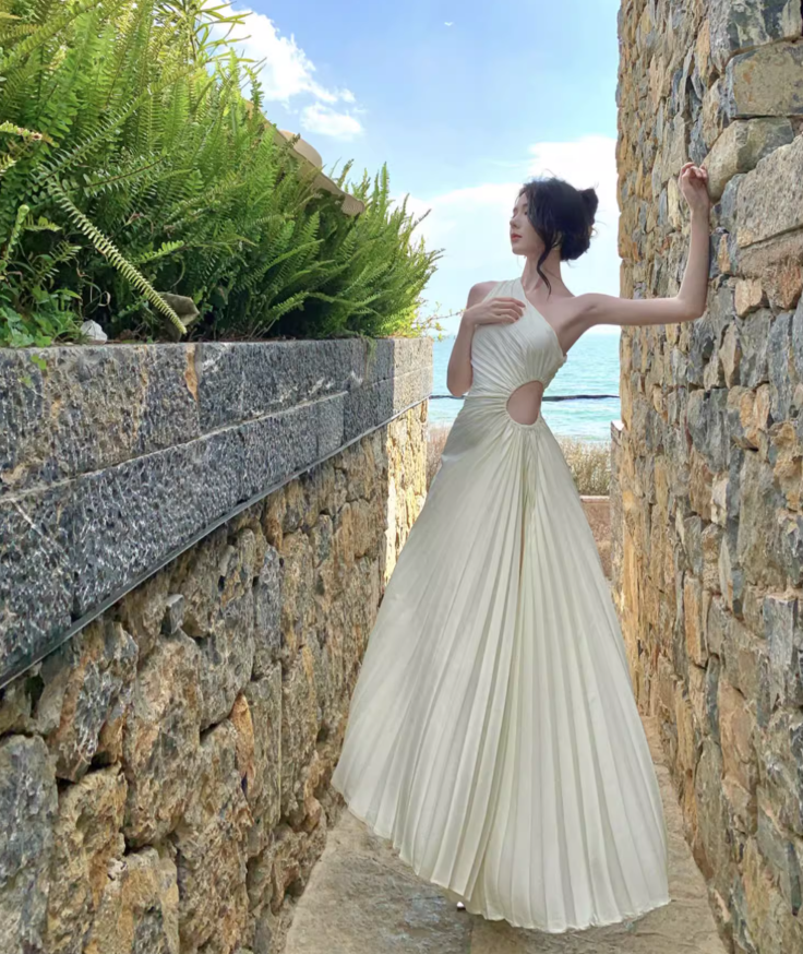 Chic Open-Waist One Shoulder Graceful Sleeveless Maxi Dress Pressed Pleats Long Dress AP0620