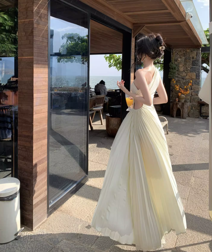 Chic Open-Waist One Shoulder Graceful Sleeveless Maxi Dress Pressed Pleats Long Dress AP0620