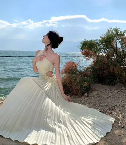 Chic Open-Waist One Shoulder Graceful Sleeveless Maxi Dress Pressed Pleats Long Dress AP0620