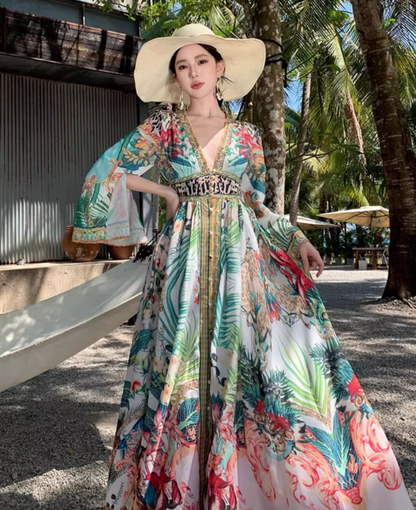 Boho-Chic V Neck Flowy Maxi Dres Exotic Ambience Long Sleeve Ethereal Long Dress AP0621