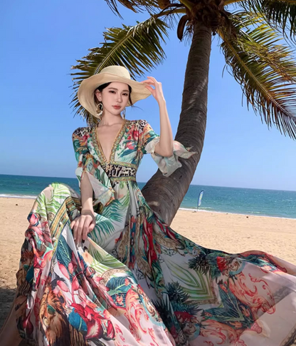 Boho-Chic V Neck Flowy Maxi Dres Exotic Ambience Long Sleeve Ethereal Long Dress AP0621