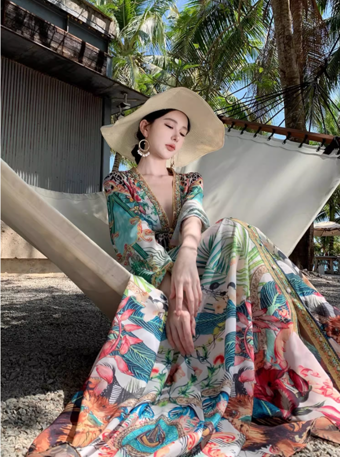 Boho-Chic V Neck Flowy Maxi Dres Exotic Ambience Long Sleeve Ethereal Long Dress AP0621