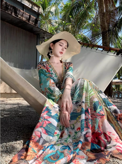 Boho-Chic V Neck Flowy Maxi Dres Exotic Ambience Long Sleeve Ethereal Long Dress AP0621