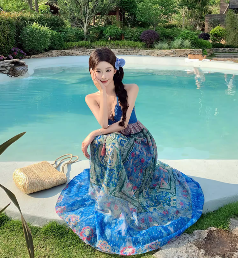 Tropical Travel Outfit Floral Print Vibrant Maxi Dress Dopamine Style V Neck Long Dress AP0622