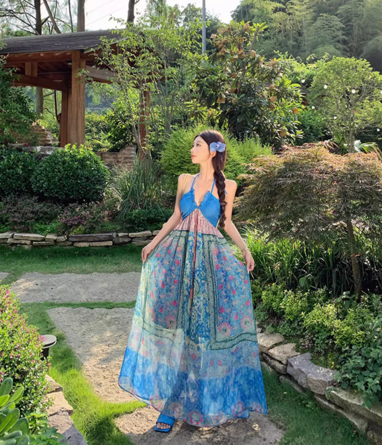 Tropical Travel Outfit Floral Print Vibrant Maxi Dress Dopamine Style V Neck Long Dress AP0622