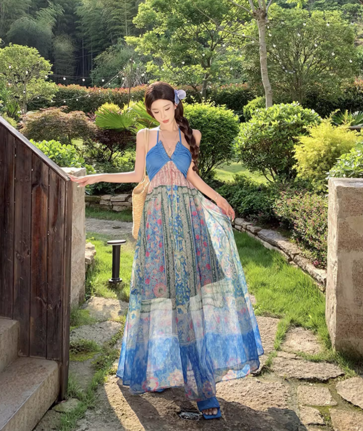 Tropical Travel Outfit Floral Print Vibrant Maxi Dress Dopamine Style V Neck Long Dress AP0622