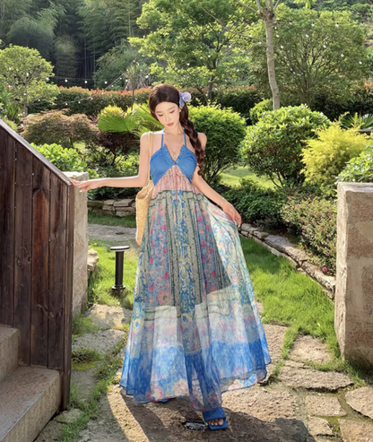 Tropical Travel Outfit Floral Print Vibrant Maxi Dress Dopamine Style V Neck Long Dress AP0622