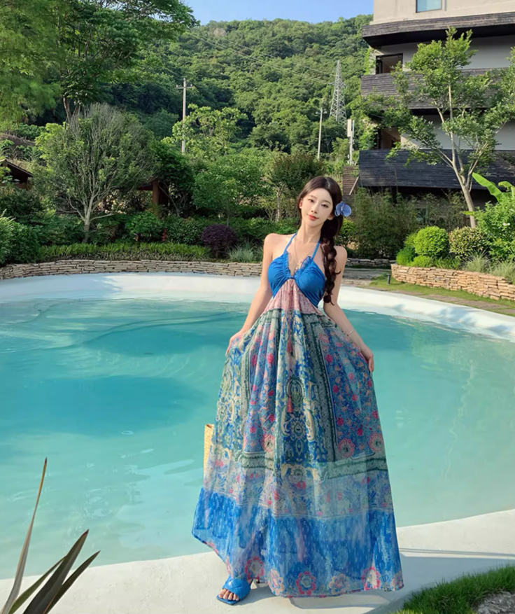 Tropical Travel Outfit Floral Print Vibrant Maxi Dress Dopamine Style V Neck Long Dress AP0622