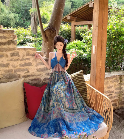 Tropical Travel Outfit Floral Print Vibrant Maxi Dress Dopamine Style V Neck Long Dress AP0622