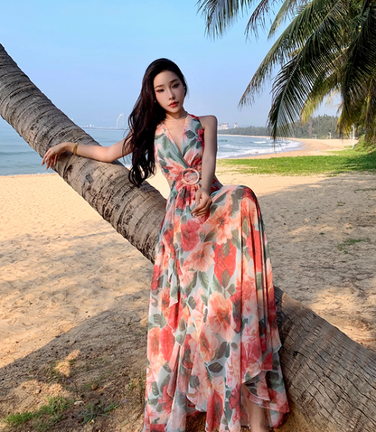 Floral Print Vibrant Travel Maxi Dress Flowy Open-Waist V Neck Long Dress AP0623