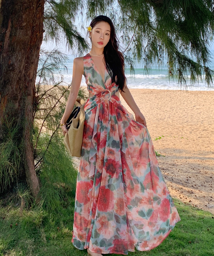 Floral Print Vibrant Travel Maxi Dress Flowy Open-Waist V Neck Long Dress AP0623