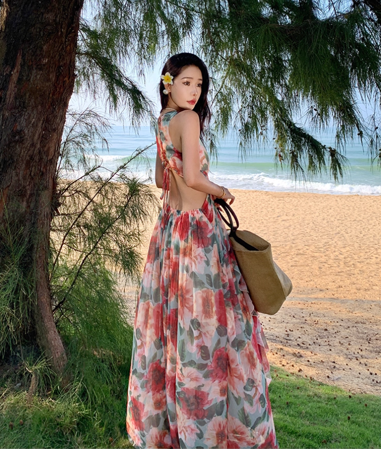 Floral Print Vibrant Travel Maxi Dress Flowy Open-Waist V Neck Long Dress AP0623