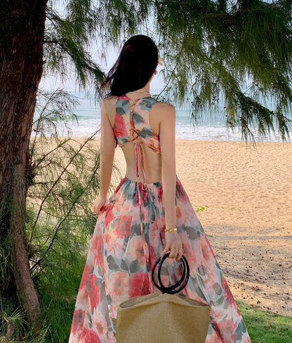 Floral Print Vibrant Travel Maxi Dress Flowy Open-Waist V Neck Long Dress AP0623