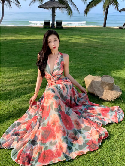 Floral Print Vibrant Travel Maxi Dress Flowy Open-Waist V Neck Long Dress AP0623