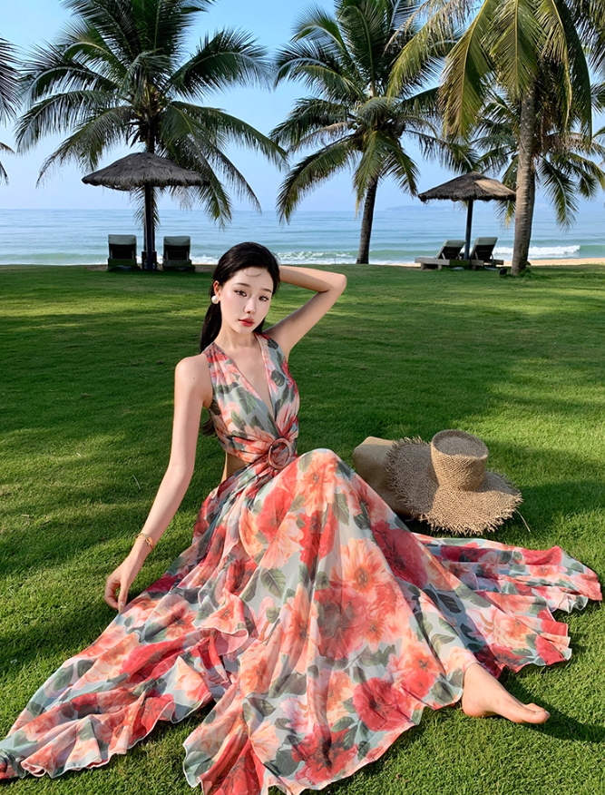 Floral Print Vibrant Travel Maxi Dress Flowy Open-Waist V Neck Long Dress AP0623
