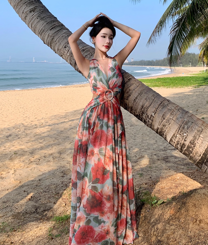 Floral Print Vibrant Travel Maxi Dress Flowy Open-Waist V Neck Long Dress AP0623