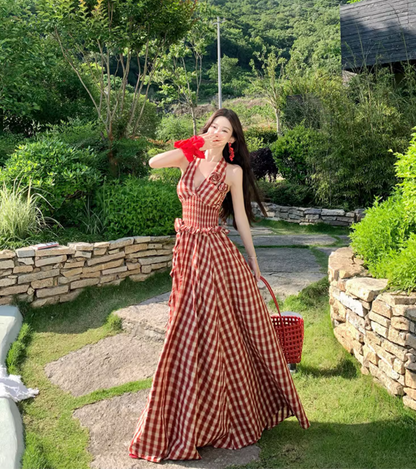 Red Gingham Floral Ornament Vibrant Maxi Dress Flowy Vogue Backless Halter Long Dress AP0624