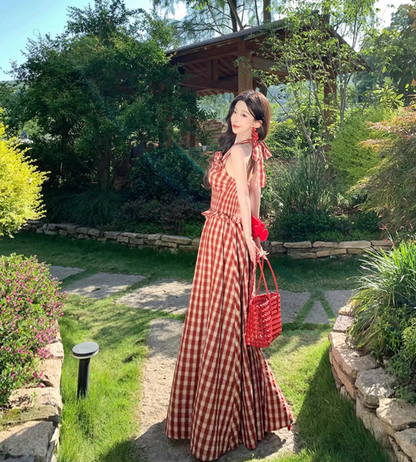 Red Gingham Floral Ornament Vibrant Maxi Dress Flowy Vogue Backless Halter Long Dress AP0624