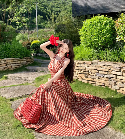 Red Gingham Floral Ornament Vibrant Maxi Dress Flowy Vogue Backless Halter Long Dress AP0624