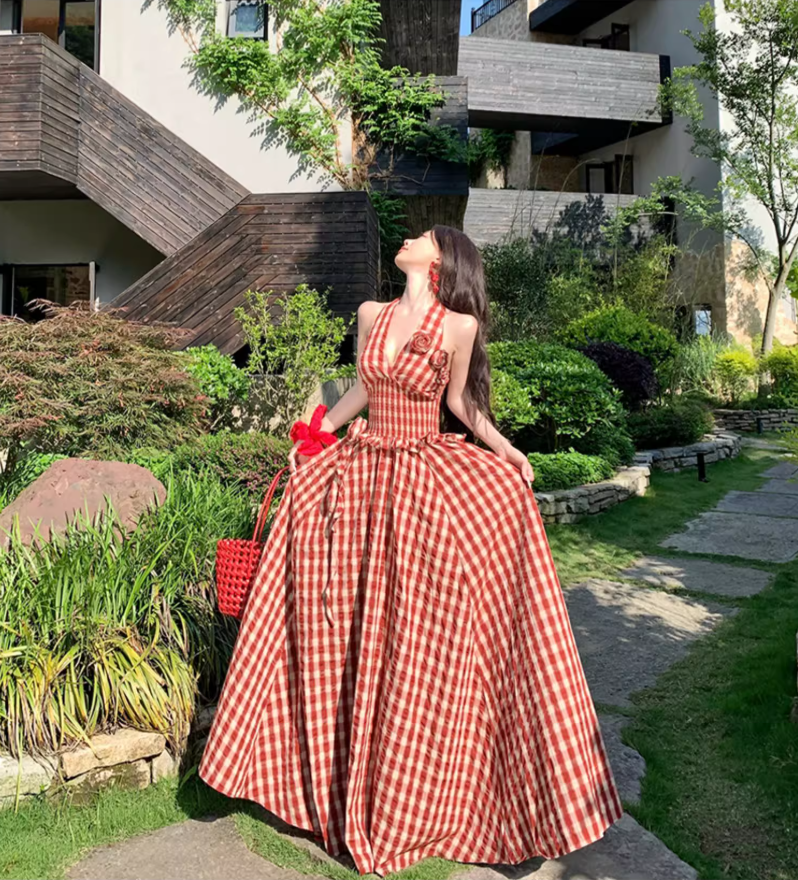 Red Gingham Floral Ornament Vibrant Maxi Dress Flowy Vogue Backless Halter Long Dress AP0624