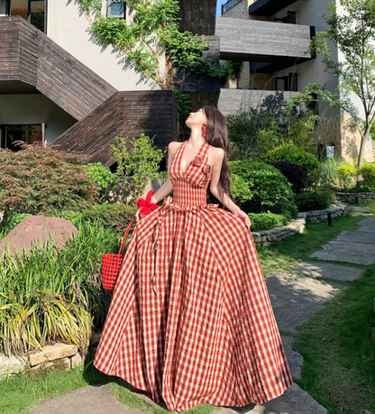 Red Gingham Floral Ornament Vibrant Maxi Dress Flowy Vogue Backless Halter Long Dress AP0624