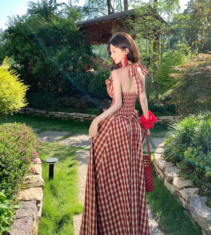 Red Gingham Floral Ornament Vibrant Maxi Dress Flowy Vogue Backless Halter Long Dress AP0624