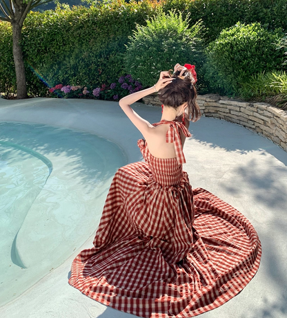 Red Gingham Floral Ornament Vibrant Maxi Dress Flowy Vogue Backless Halter Long Dress AP0624