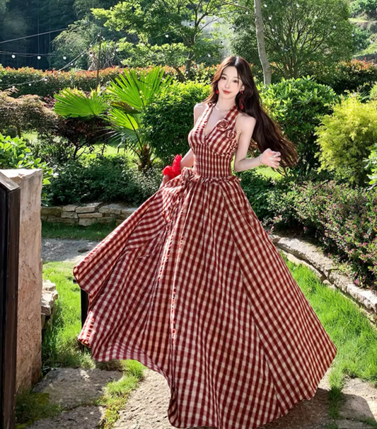 Red Gingham Floral Ornament Vibrant Maxi Dress Flowy Vogue Backless Halter Long Dress AP0624