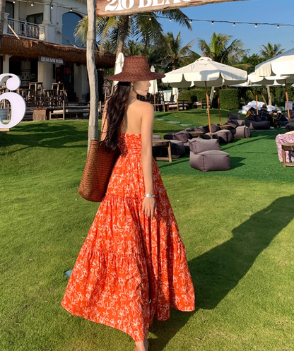 Hollow-Out Floral Print Travel Maxi Dress Flowy Vibrant Gathered V Neck Long Dress AP0625