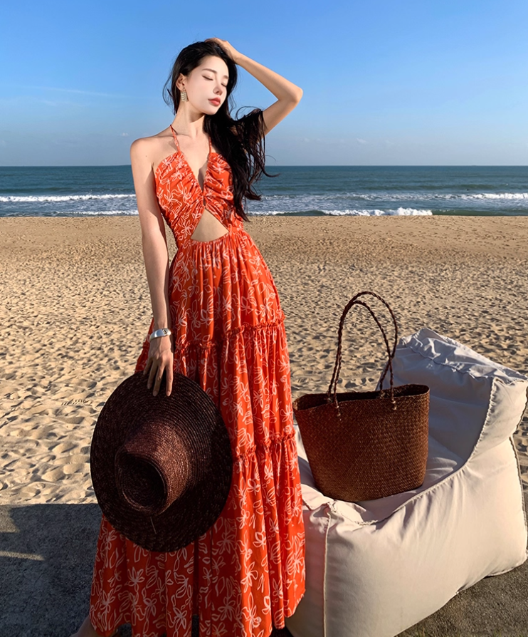 Hollow-Out Floral Print Travel Maxi Dress Flowy Vibrant Gathered V Neck Long Dress AP0625