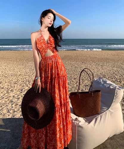 Hollow-Out Floral Print Travel Maxi Dress Flowy Vibrant Gathered V Neck Long Dress AP0625