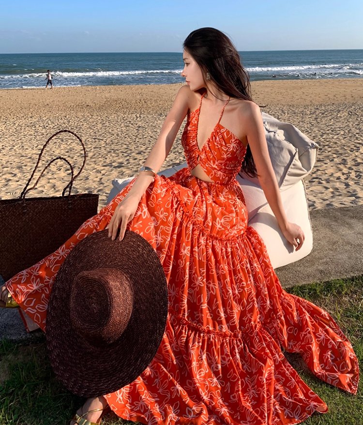 Hollow-Out Floral Print Travel Maxi Dress Flowy Vibrant Gathered V Neck Long Dress AP0625
