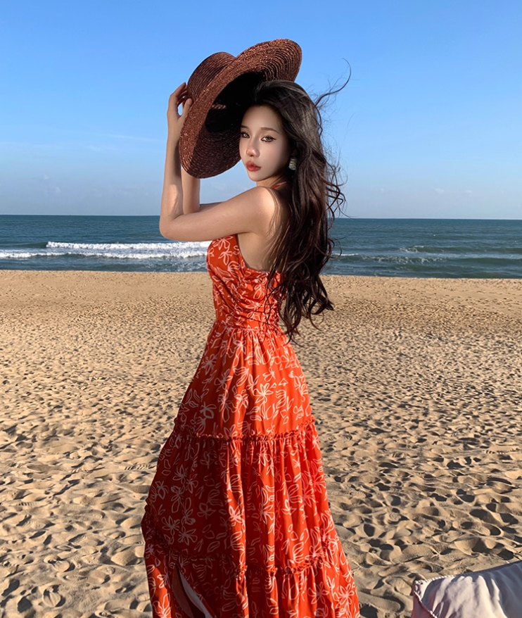 Hollow-Out Floral Print Travel Maxi Dress Flowy Vibrant Gathered V Neck Long Dress AP0625