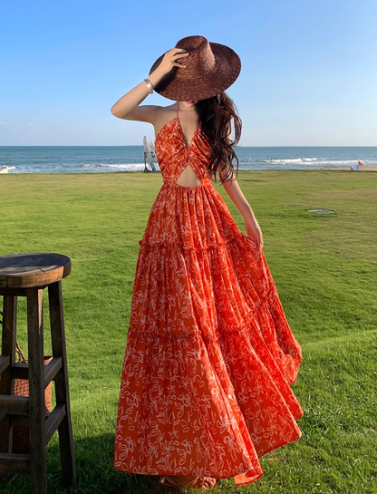 Hollow-Out Floral Print Travel Maxi Dress Flowy Vibrant Gathered V Neck Long Dress AP0625