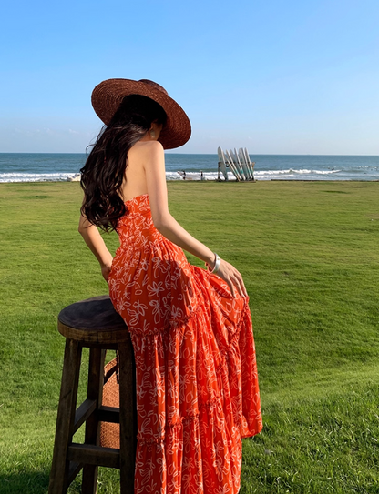 Hollow-Out Floral Print Travel Maxi Dress Flowy Vibrant Gathered V Neck Long Dress AP0625