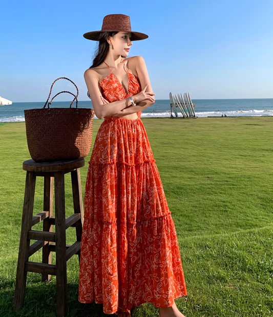 Hollow-Out Floral Print Travel Maxi Dress Flowy Vibrant Gathered V Neck Long Dress AP0625