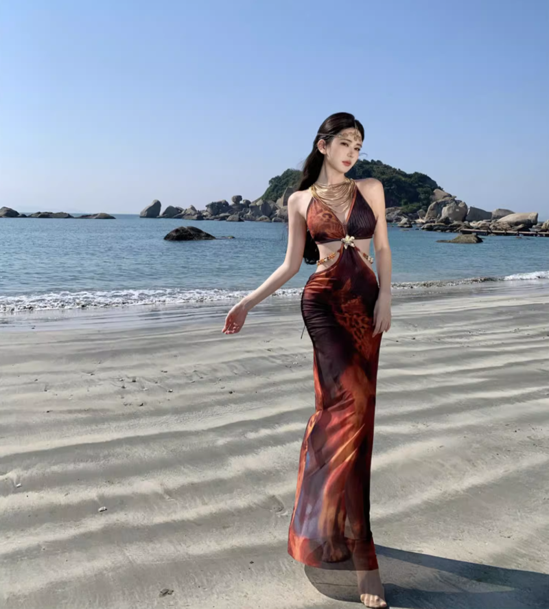 Bohemian Ope-Waist Design Sheath Maxi Dress Waist Chain V Neck Bodycon Halter Long Dress AP0626