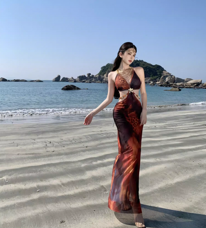 Bohemian Ope-Waist Design Sheath Maxi Dress Waist Chain V Neck Bodycon Halter Long Dress AP0626