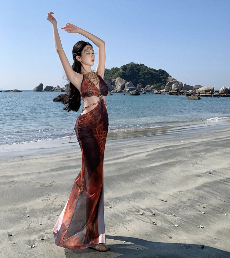 Bohemian Ope-Waist Design Sheath Maxi Dress Waist Chain V Neck Bodycon Halter Long Dress AP0626