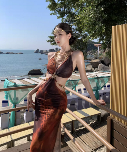 Bohemian Ope-Waist Design Sheath Maxi Dress Waist Chain V Neck Bodycon Halter Long Dress AP0626