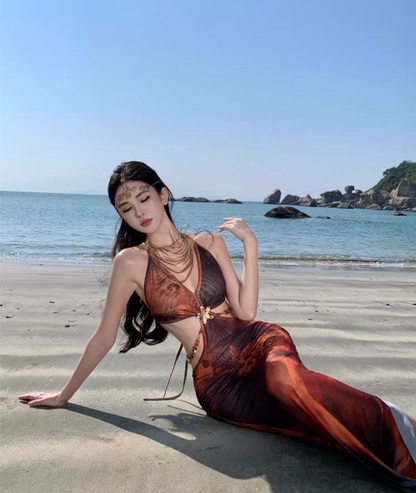 Bohemian Ope-Waist Design Sheath Maxi Dress Waist Chain V Neck Bodycon Halter Long Dress AP0626