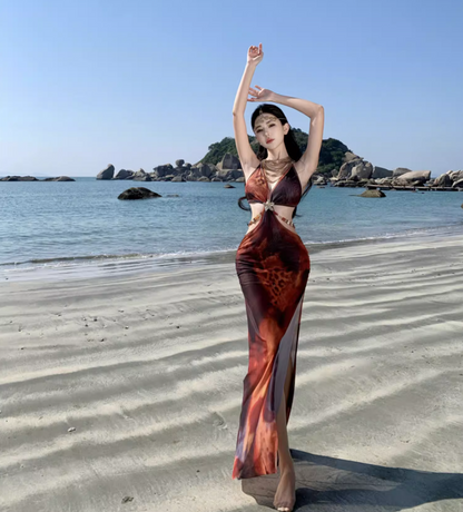 Bohemian Ope-Waist Design Sheath Maxi Dress Waist Chain V Neck Bodycon Halter Long Dress AP0626