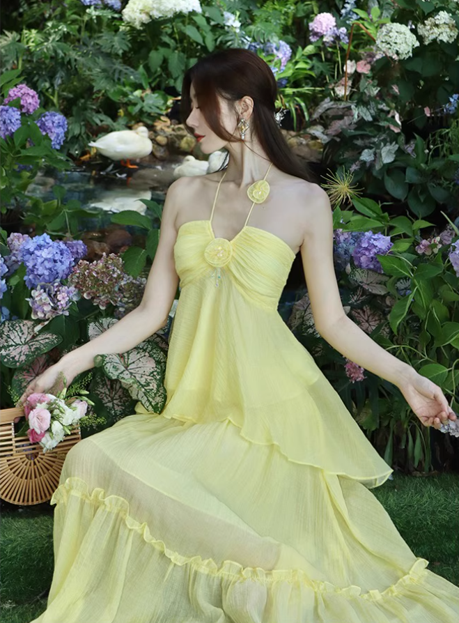 Newest Ethereal Vibe Vacation Outfit Maxi Dress Backless Elegant Flowy Halter Long Dress AP0627