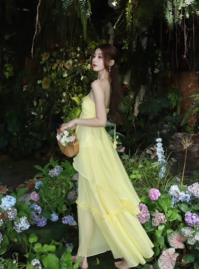 Newest Ethereal Vibe Vacation Outfit Maxi Dress Backless Elegant Flowy Halter Long Dress AP0627