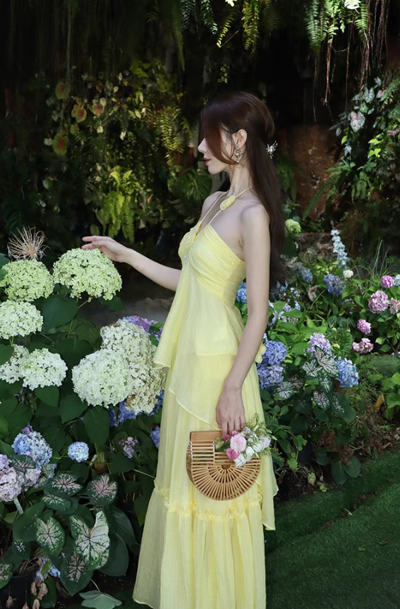 Newest Ethereal Vibe Vacation Outfit Maxi Dress Backless Elegant Flowy Halter Long Dress AP0627