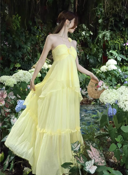 Newest Ethereal Vibe Vacation Outfit Maxi Dress Backless Elegant Flowy Halter Long Dress AP0627