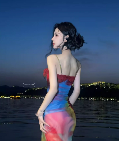 Tulle Trimmed Soft Fabric Maxi Dress Hot Girls Spaghetti Strap Vibrant Tie-Dye Long Dress AP0628