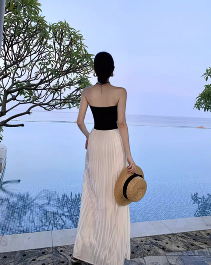 White-Black Splicing Strapless Flowy Hem Sundress Waist-Cinching Long Dress AP0629